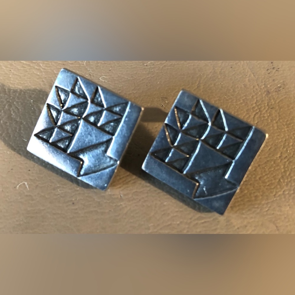 Vintage Pewter Folk Art Quilt Basket Design Museum Quality Post Earrings